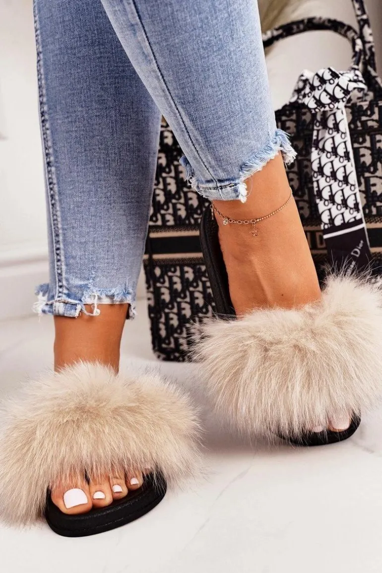 Damskie Klapki z Futerkiem Beżowe Belmondo