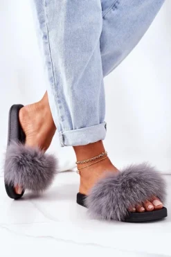 Damskie Klapki z Futerkiem Ciemnoszare Belmondo