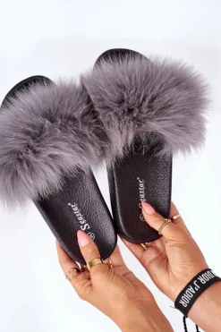 Damskie Klapki z Futerkiem Ciemnoszare Belmondo