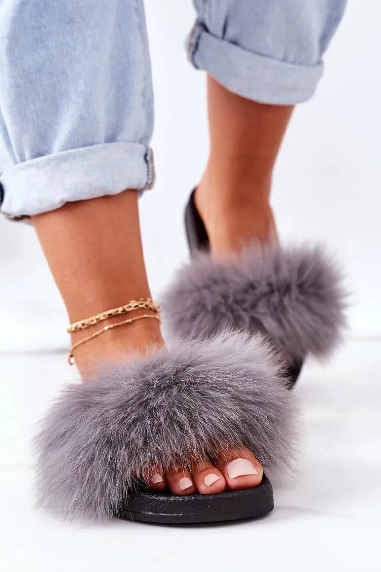 Damskie Klapki z Futerkiem Ciemnoszare Belmondo