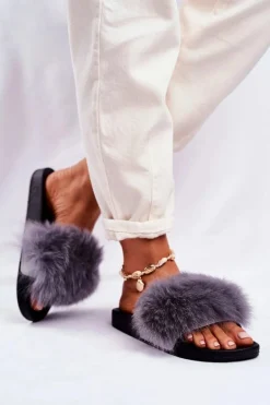 Damskie Klapki z Futerkiem Szare Belmondo