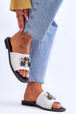 Damskie Klapki Z Kamieniami S.Barski KV-2775-31 Biało-Srebrne