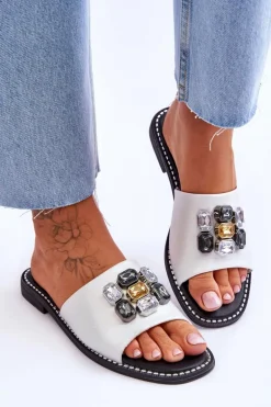 Damskie Klapki Z Kamieniami S.Barski KV-2775-31 Biało-Srebrne