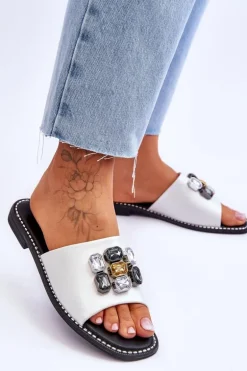 Damskie Klapki Z Kamieniami S.Barski KV-2775-31 Biało-Srebrne