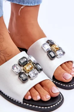 Damskie Klapki Z Kamieniami S.Barski KV-2775-31 Biało-Srebrne