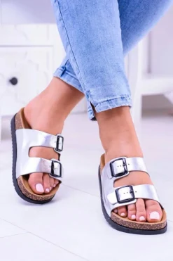 Damskie Klapki Z Klamrami Na Korku Srebrne Ferone