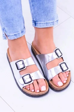 Damskie Klapki Z Klamrami Na Korku Srebrne Ferone