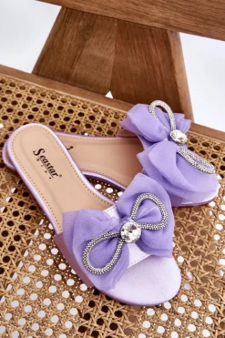 Damskie Klapki Z Kokardą I Cyrkoniami Fioletowe Jolene