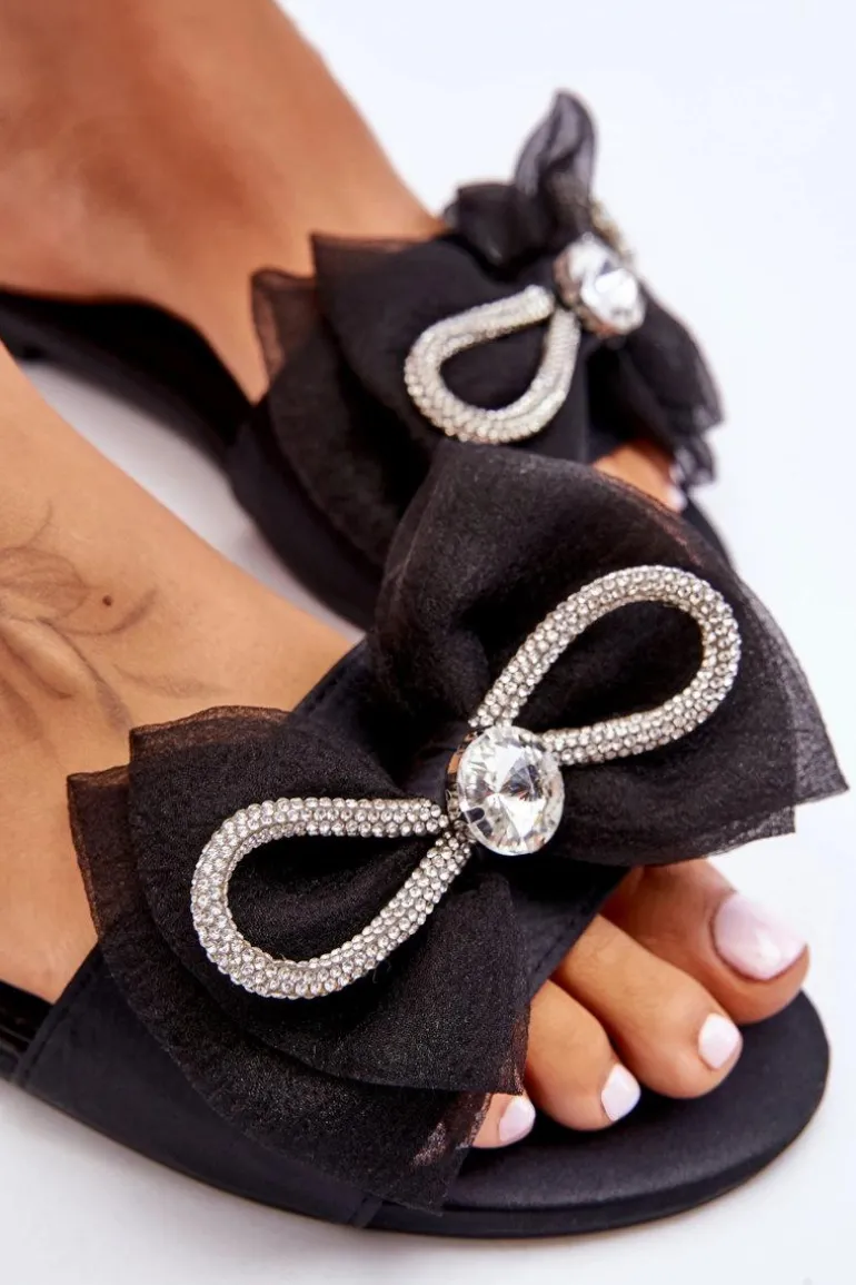 Damskie Klapki Z Kokardą I Cyrkoniami Czarne Jolene
