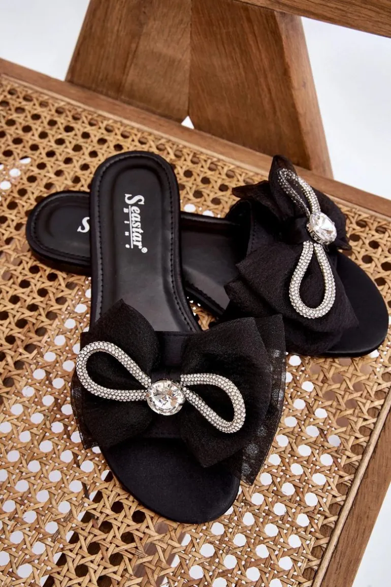 Damskie Klapki Z Kokardą I Cyrkoniami Czarne Jolene