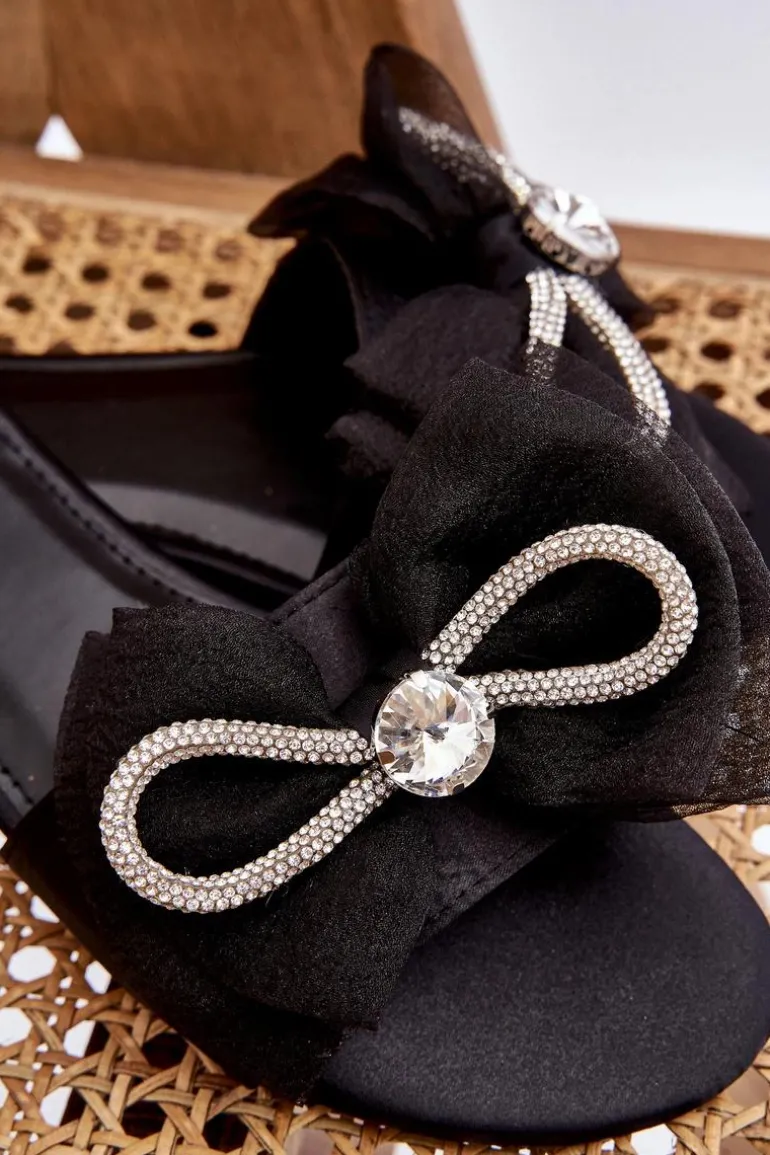 Damskie Klapki Z Kokardą I Cyrkoniami Czarne Jolene