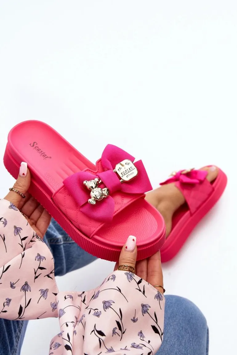 Damskie Klapki Z Kokardą i Misiem Fuksja Katterina