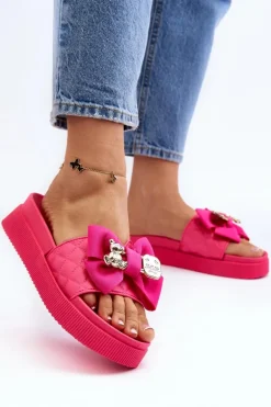 Damskie Klapki Z Kokardą i Misiem Fuksja Katterina