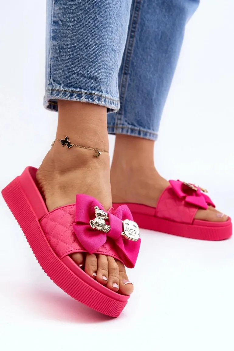 Damskie Klapki Z Kokardą i Misiem Fuksja Katterina