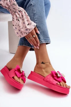 Damskie Klapki Z Kokardą i Misiem Fuksja Katterina