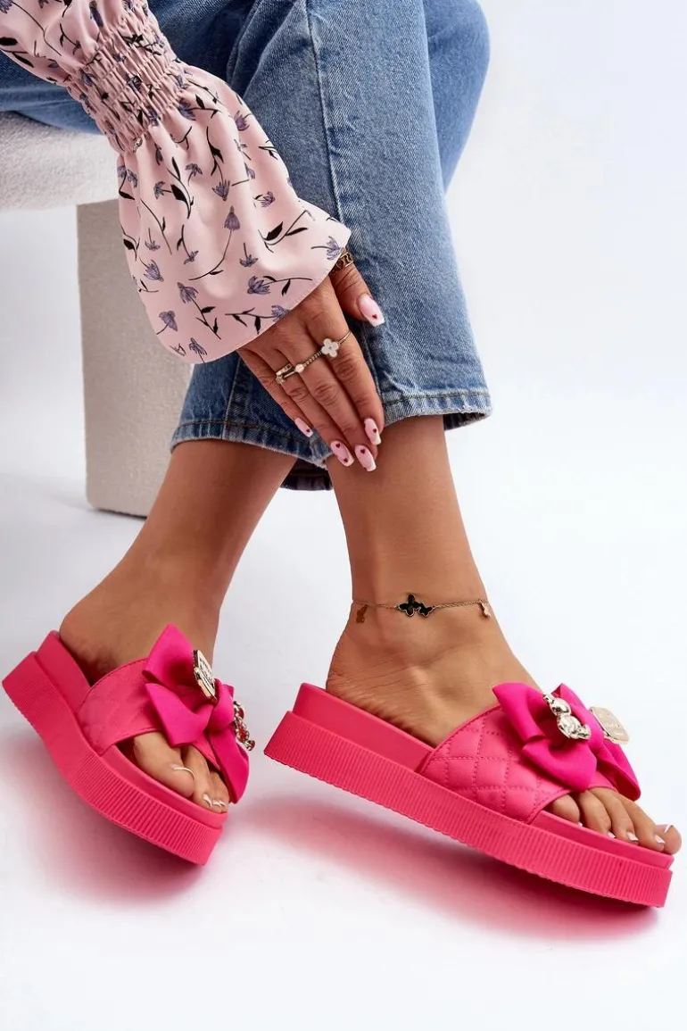 Damskie Klapki Z Kokardą i Misiem Fuksja Katterina