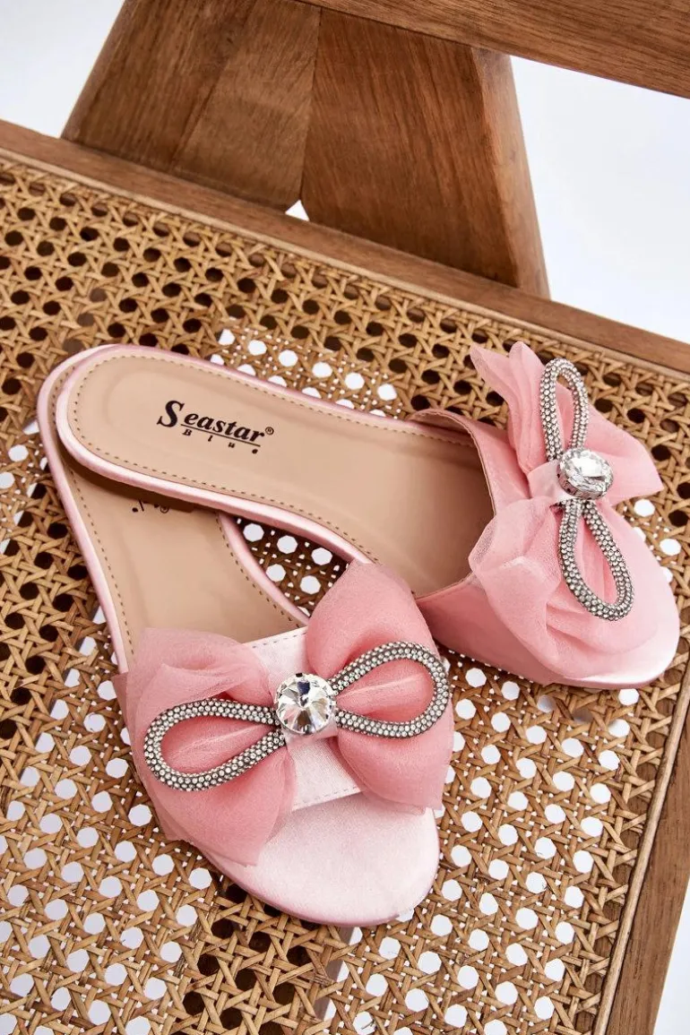 Damskie Klapki Z Kokardą I Cyrkoniami Różowe Jolene