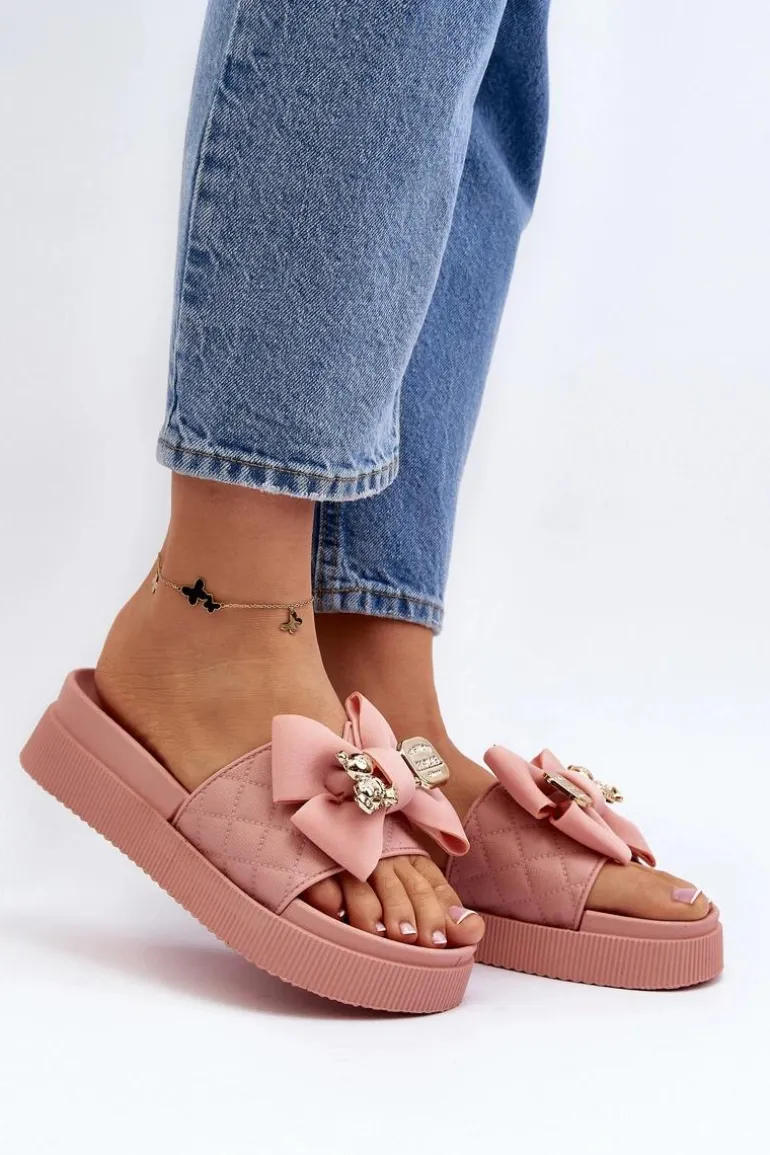 Damskie Klapki Z Kokardą i Misiem Różowe Katterina