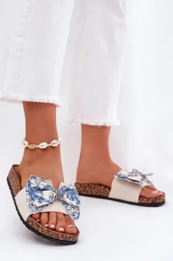 Damskie Klapki Z Kokardą Na Korkowej Platformie Niebieskie Lisandrea