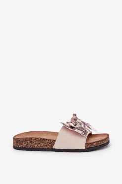 Damskie Klapki Z Kokardą Na Korkowej Platformie Beżowe Lisandrea