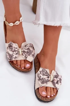 Damskie Klapki Z Kokardą Na Korkowej Platformie Beżowe Lisandrea