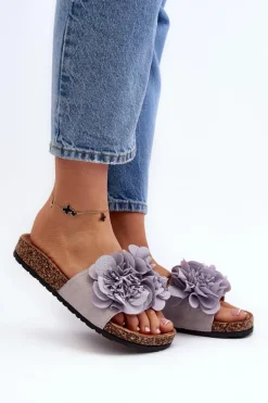 Damskie Klapki Z Kwiatami Szare Lulania