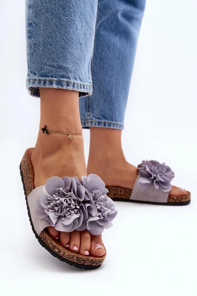 Damskie Klapki Z Kwiatami Szare Lulania