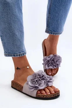 Damskie Klapki Z Kwiatami Szare Lulania