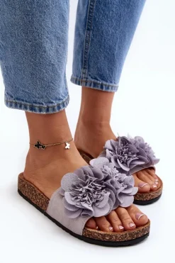 Damskie Klapki Z Kwiatami Szare Lulania