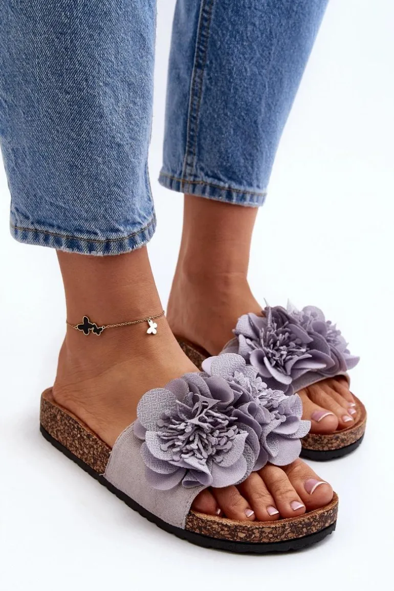 Damskie Klapki Z Kwiatami Szare Lulania