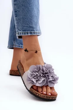 Damskie Klapki Z Kwiatami Szare Lulania