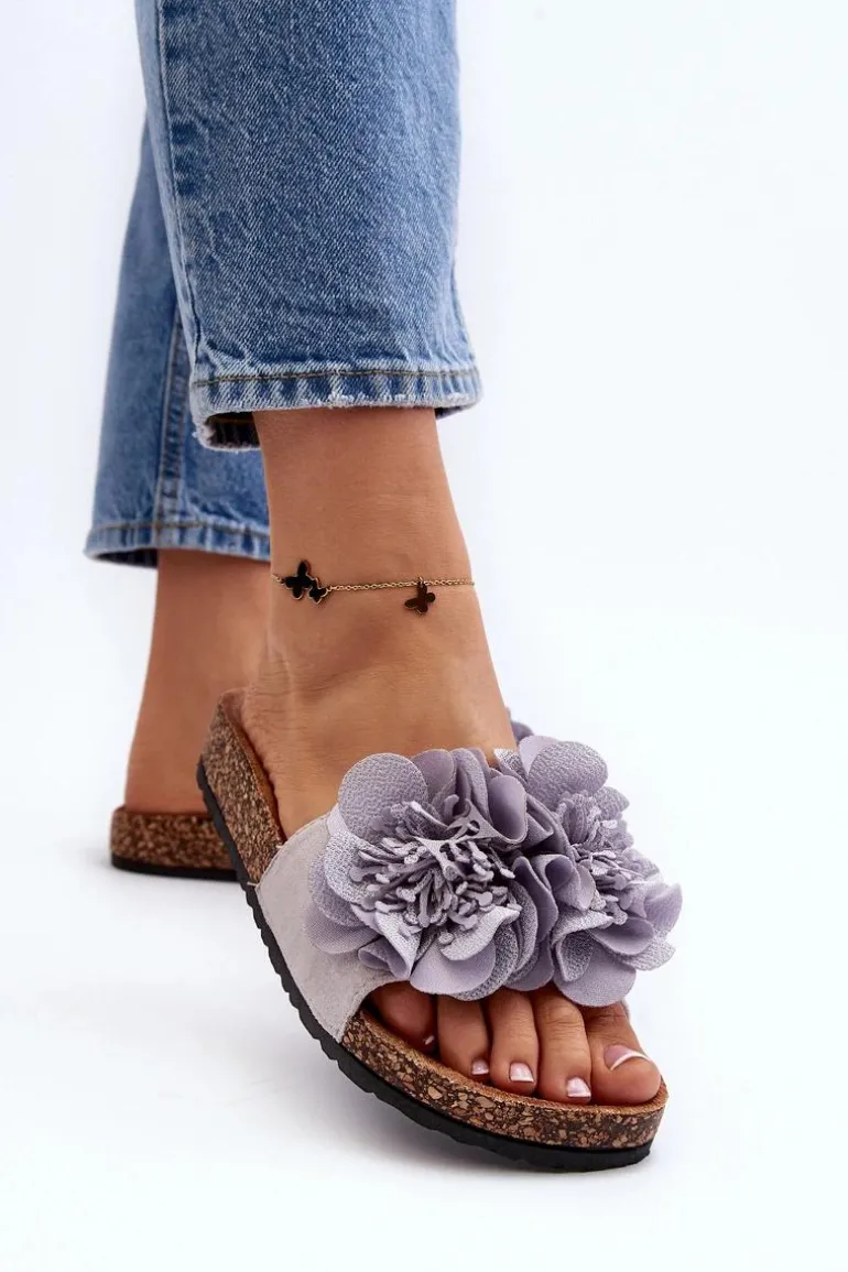 Damskie Klapki Z Kwiatami Szare Lulania