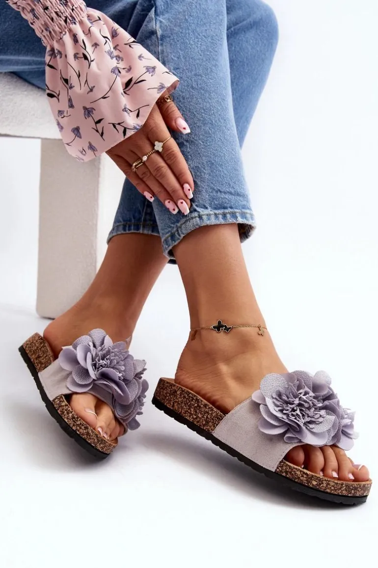 Damskie Klapki Z Kwiatami Szare Lulania