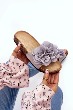 Damskie Klapki Z Kwiatami Szare Lulania