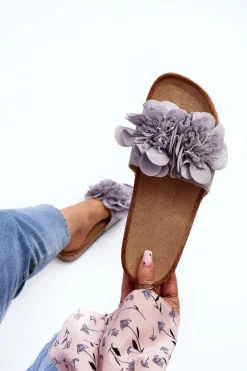 Damskie Klapki Z Kwiatami Szare Lulania