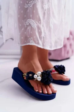 Damskie Klapki Z Kwiatem Japonki Na Koturnie Granatowe Sharme