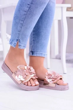 Damskie Klapki z Kwiatowym Wzorem Różowe Złoto Muah