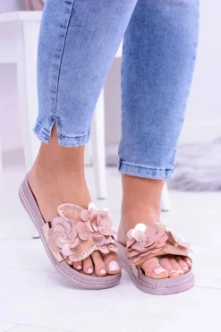 Damskie Klapki z Kwiatowym Wzorem Różowe Złoto Muah