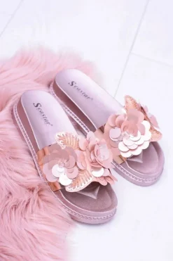 Damskie Klapki z Kwiatowym Wzorem Różowe Złoto Muah