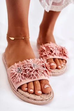 Damskie Klapki Z Materiałowymi Kwiatami Różowe Susana