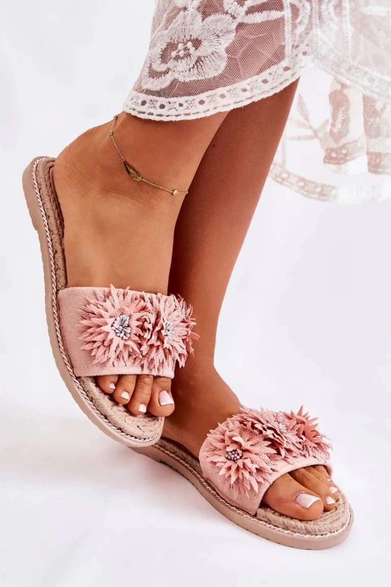 Damskie Klapki Z Materiałowymi Kwiatami Różowe Susana