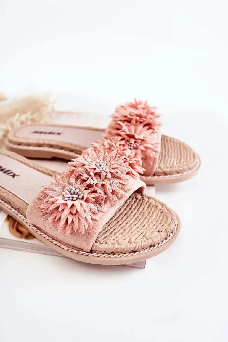 Damskie Klapki Z Materiałowymi Kwiatami Różowe Susana