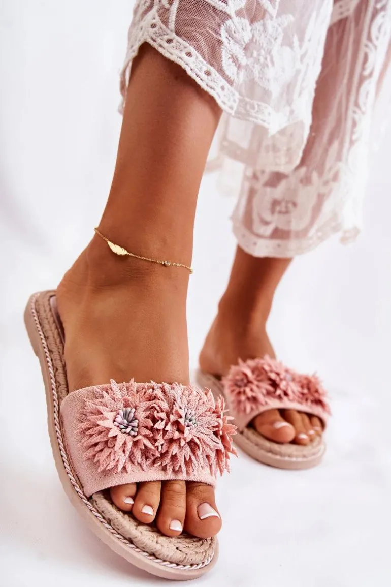 Damskie Klapki Z Materiałowymi Kwiatami Różowe Susana