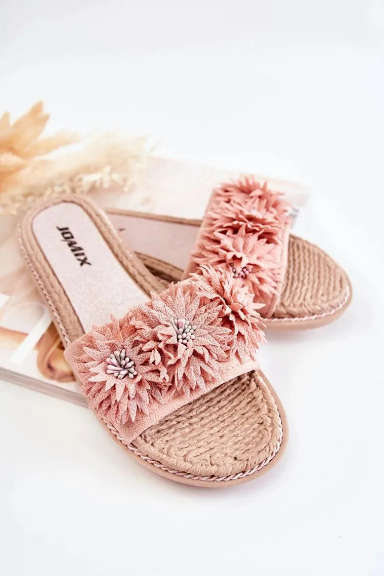 Damskie Klapki Z Materiałowymi Kwiatami Różowe Susana