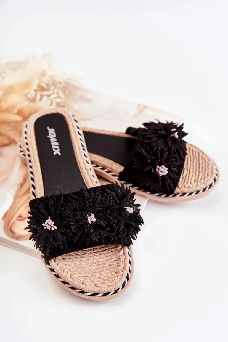 Damskie Klapki Z Materiałowymi Kwiatami Czarne Susana