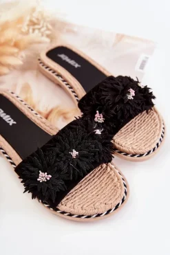 Damskie Klapki Z Materiałowymi Kwiatami Czarne Susana