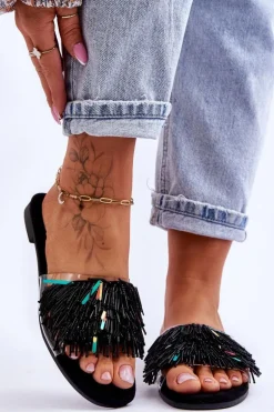 Damskie Klapki Z Modnymi Ozdobami S.Barski KV-576-4 Czarne