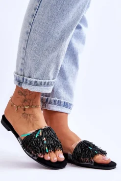 Damskie Klapki Z Modnymi Ozdobami S.Barski KV-576-4 Czarne