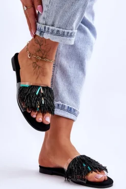 Damskie Klapki Z Modnymi Ozdobami S.Barski KV-576-4 Czarne