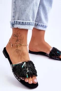 Damskie Klapki Z Modnymi Ozdobami S.Barski KV-576-4 Czarne